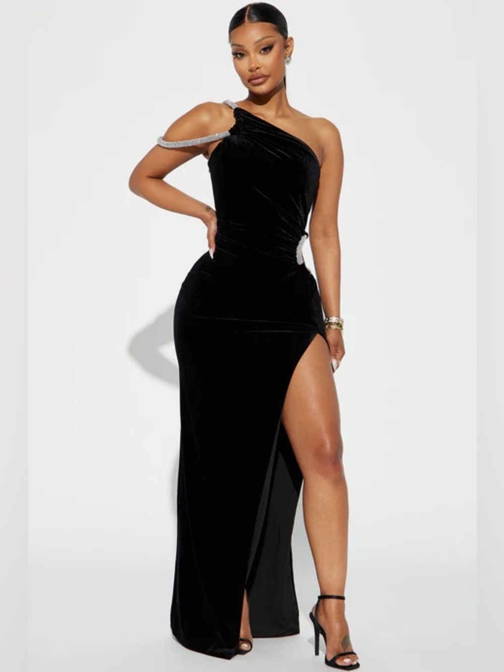 Fashion Nova Black One-Shoulder Velvet Gown with Rhinestone Strap